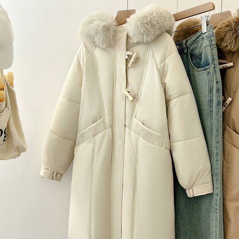 羽绒棉服女中长款冬季新款时尚韩版设计感大毛领加厚过膝洋气外套_34 白色 L