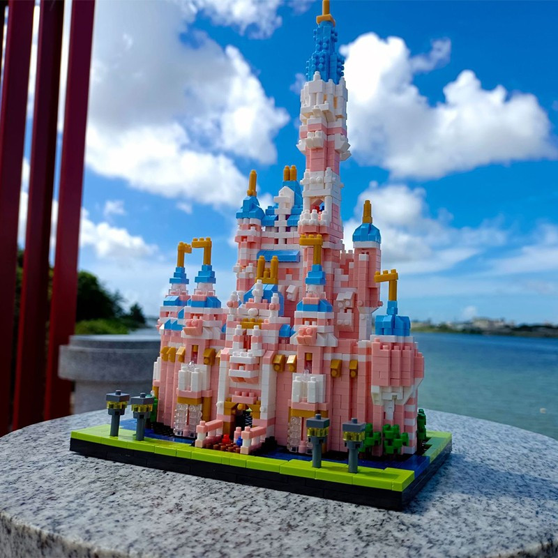 粉色迪士尼城堡积木拼装微小颗粒公主女孩女朋友情人节礼物儿童玩具