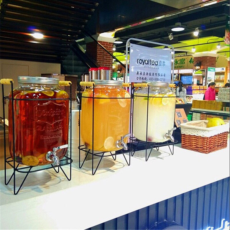 商用装酒柠檬果汁容器鼎龙头饮水桶带水壶泡玻璃罐子4L(含铁架)