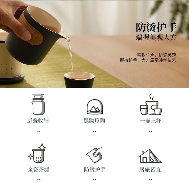 鸣盏 快客杯旅行陶瓷茶具便携式泡茶功夫茶杯户外茶壶 MZ-8004高清大图