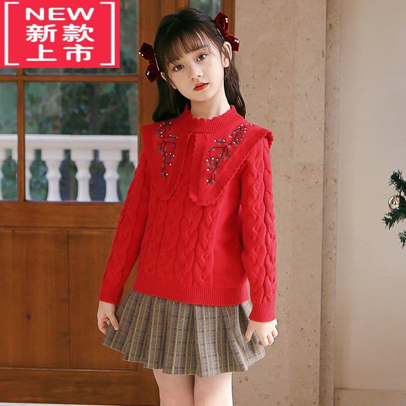 可莉允女童毛衣冬装大童红色秋冬儿童新年洋气上衣套装圣诞服装女孩打底图片