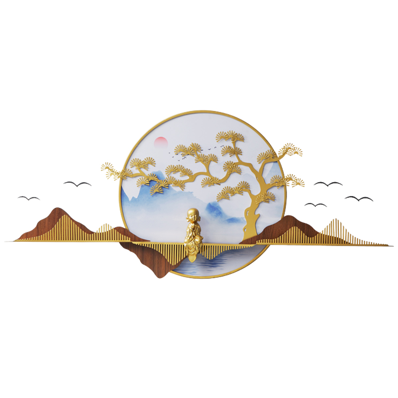 新中式山水禅意背景墙面装饰品挂件创意客厅餐厅沙发墙上铁艺壁饰 三维工匠 8013A静若160cm-70cm高清大图