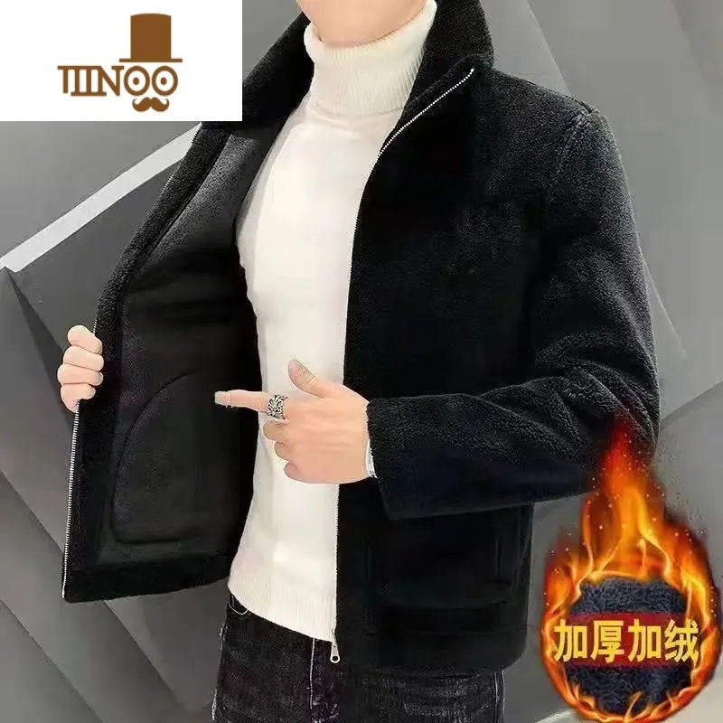 YANXU2023男新款羔绒外套男士立领潮流加绒加厚男装冬装外套潮 XL 黑色