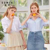 semir森马V领撞色条纹宽松衬衫女