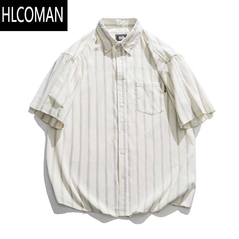 HLCOMAN日系复古cityboy条纹衬衫短袖男夏季宽松男装休闲工装衬衣外套潮