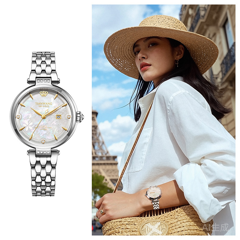 天王表金标送福18K金皇冠logo女表时尚小花瓣机械表钢带腕表51176高清大图