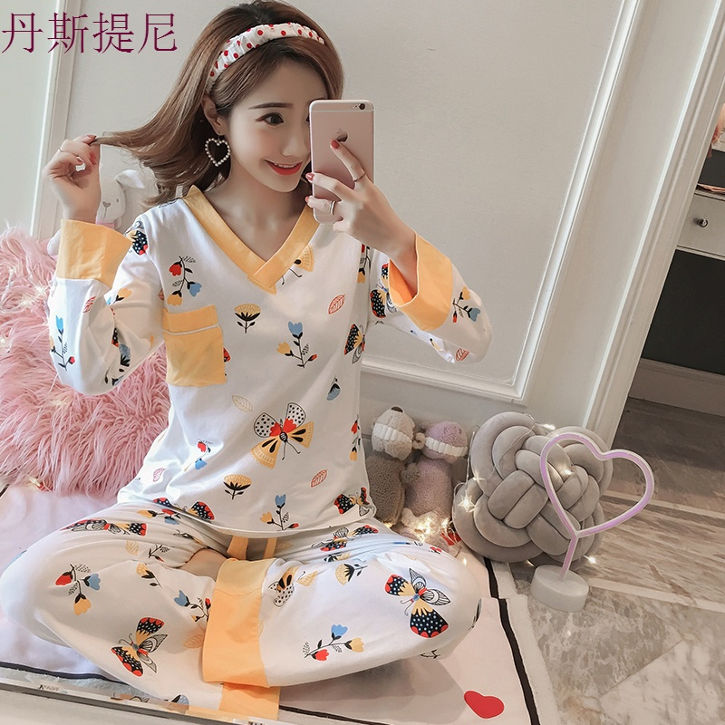 睡衣女秋季长袖纯棉套装薄款可外穿韩版宽松甜美可爱春秋全棉