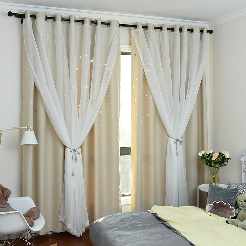 镂空窗帘公主风落地窗卧室飘窗韩式蕾丝粉色成品简约现代遮光 镂空星星卡其色布+纱 3*2.7打孔加工一片