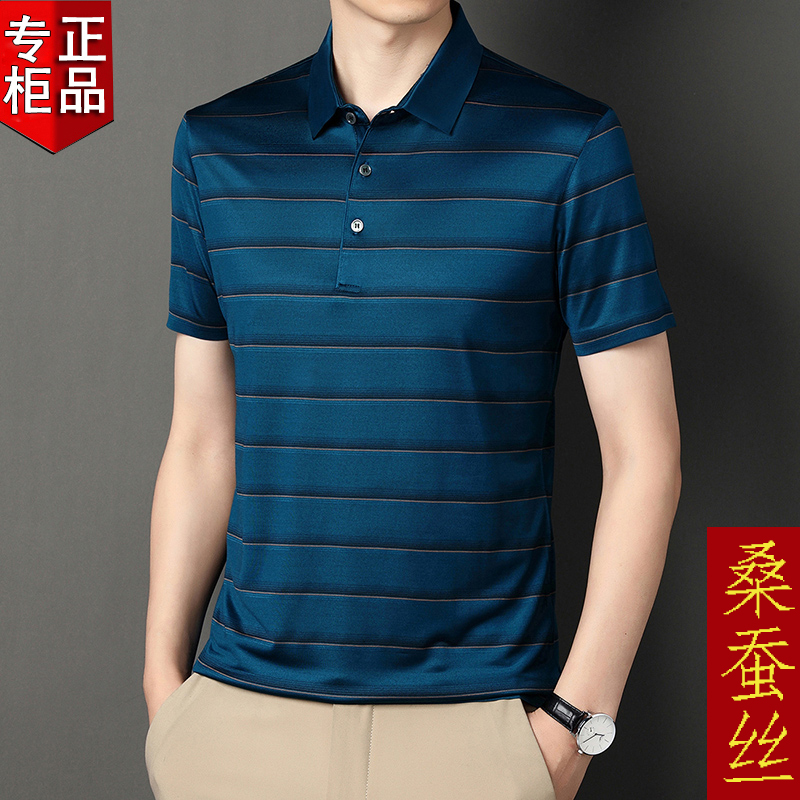 2023夏季新款男士T恤短袖休闲品牌桑蚕丝T恤衫半袖真丝中老年 165/S 湖蓝