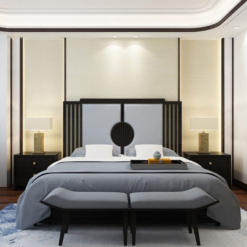 新中式实木床卧室定制布艺婚床现代简约样板房酒店双人床家具图片