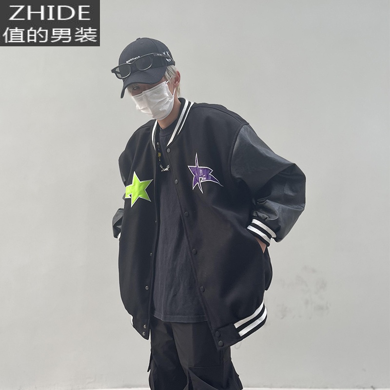 SUNTEKvibe风五角星8号棒球服男暗黑美式高街宽松皮质夹克拼接情侣外套夹克高清大图