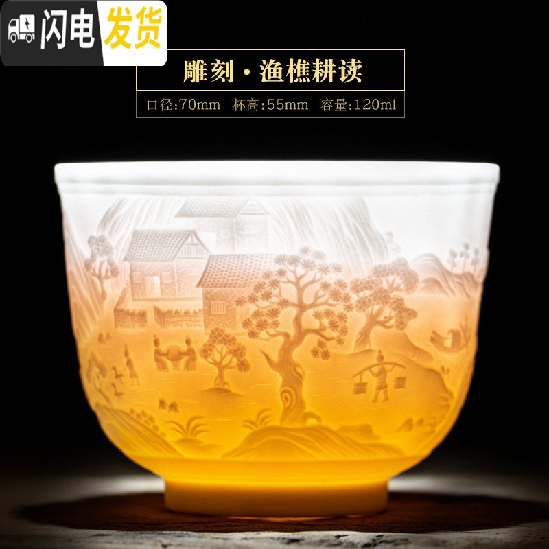 三维工匠景德镇陶瓷刻生肖主人杯单杯品茗茶杯功夫茶具个人礼品杯小茶碗 款-渔樵耕读