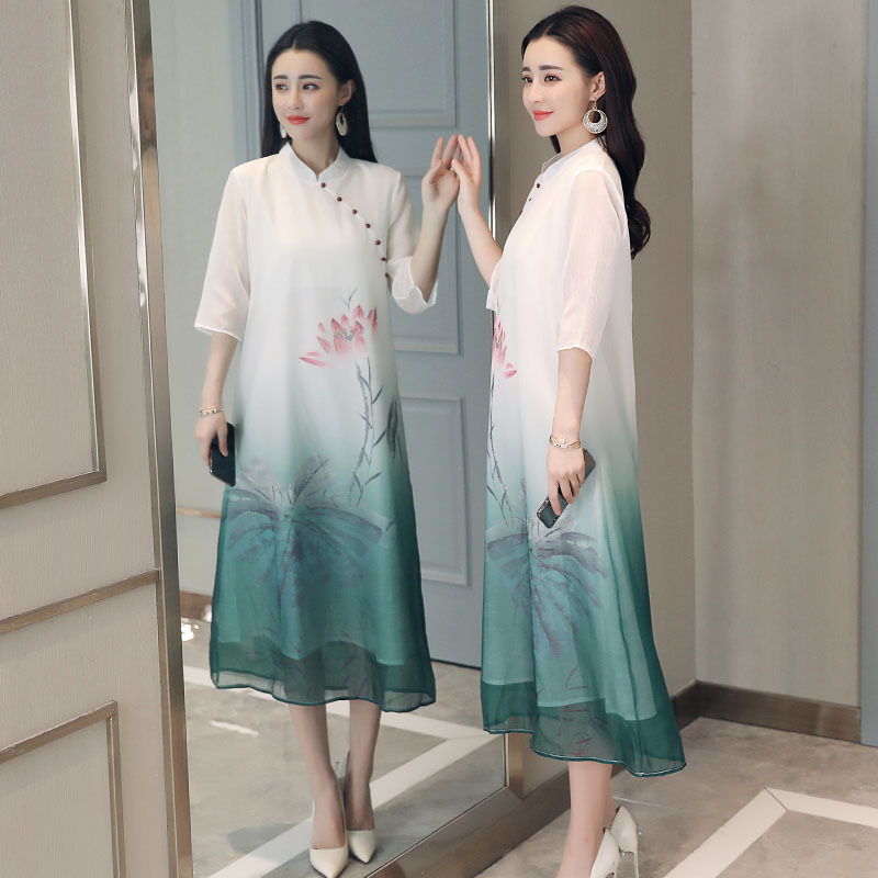古风连衣裙女夏女士新品水墨印花中国风仙女范气质淑雅长裙子