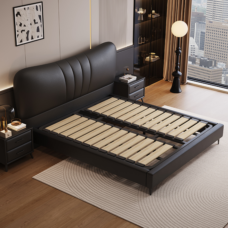 意式极简真皮床轻奢现代简约双人床主卧室实木储物床家用软包婚床高清大图