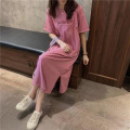韩国大码T恤女装夏季短袖休闲宽松连衣裙女胖mm洋气过膝懒人裙子 XXL 粉红