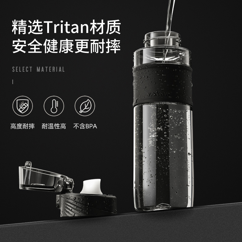 美帮汇茶杯男女塑料水杯子防摔户外Tritan大容量便携健身运动水壶 透明黑高清大图
