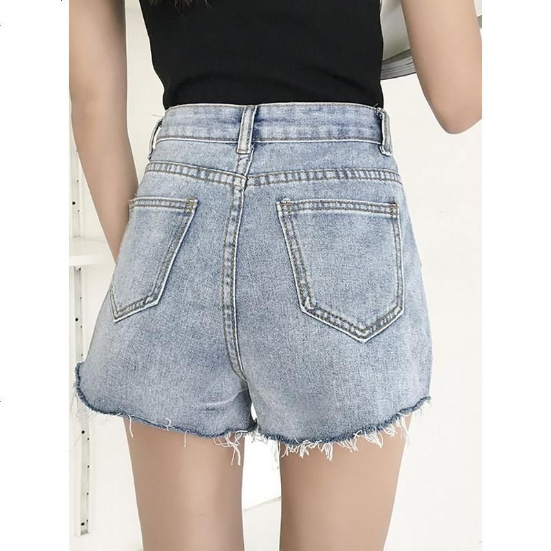 春季新款女装单排扣破洞毛边高腰宽松显瘦学生牛仔阔腿短裤女热裤