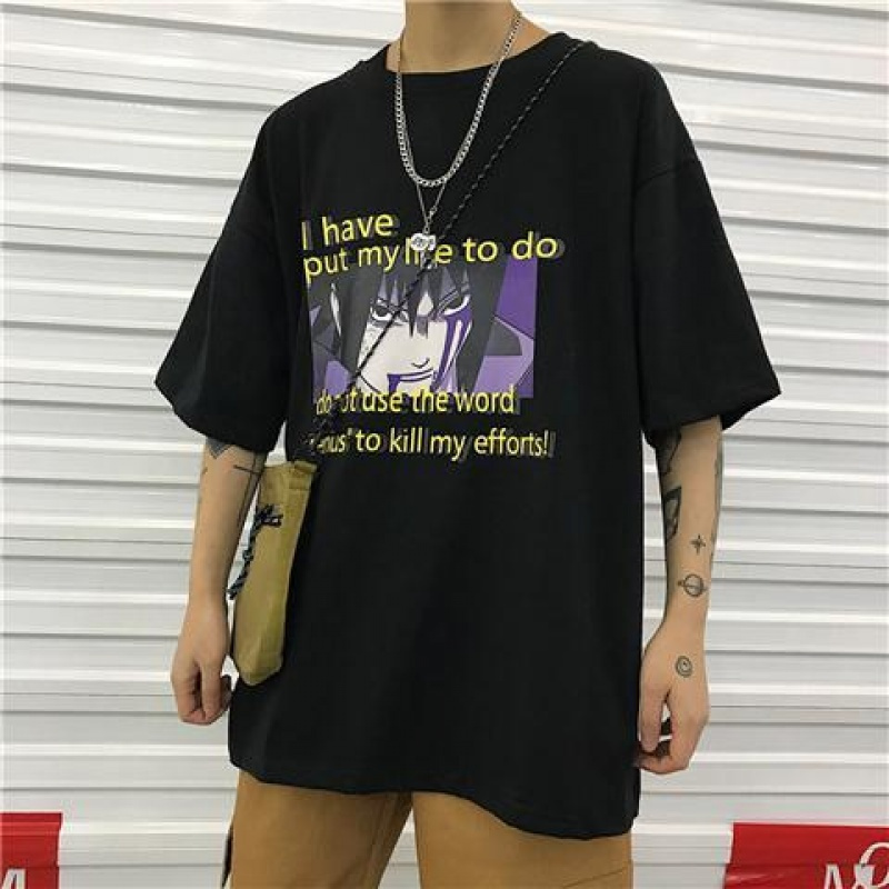 2019夏装新动漫火影忍者短袖T恤原宿风男女情侣衫宽松短袖上衣服潮 威珺 佐助（黑色） M