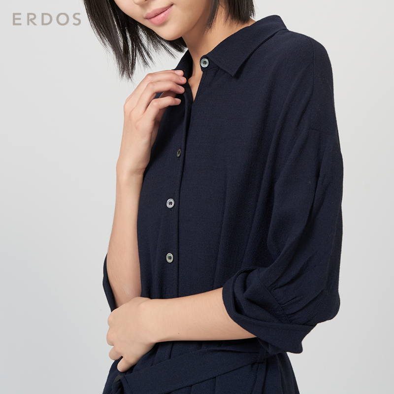 鄂尔多斯ERDOS 春夏七分袖系扣腰带时尚百搭宽松衬衫裙女士连衣裙