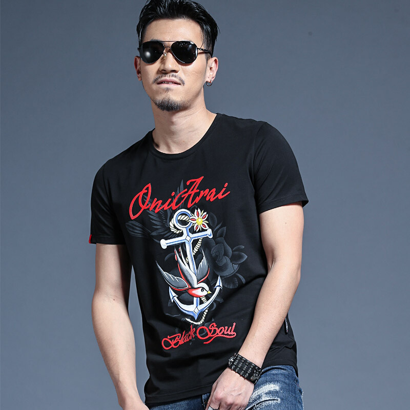 新款夏季男短袖t恤衫韩版时尚潮流酷青年圆领修身印花上衣体恤