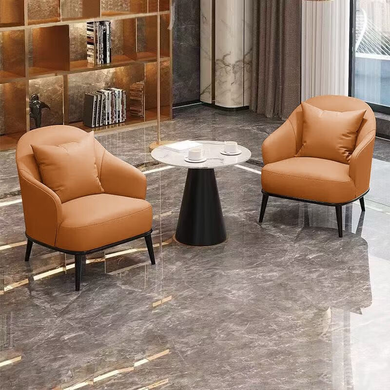锦北洽谈桌椅轻奢酒店会所接待区沙发椅简约休闲洽谈沙发一桌两椅橙色高清大图
