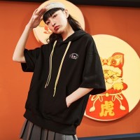 唐狮0夏装新款连帽半袖卫衣女国潮黑色短袖韩版宽松上衣女潮酷 S 黑色
