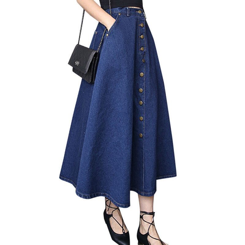 长裙女2018新款半身裙中长款高腰宽松显瘦a字伞裙大摆裙深蓝色987