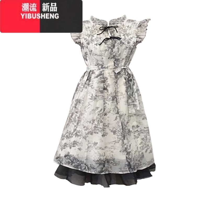YIBUSHENG新中式改良小飞袖水墨画连衣裙季女装国风复古收腰显瘦别致短裙