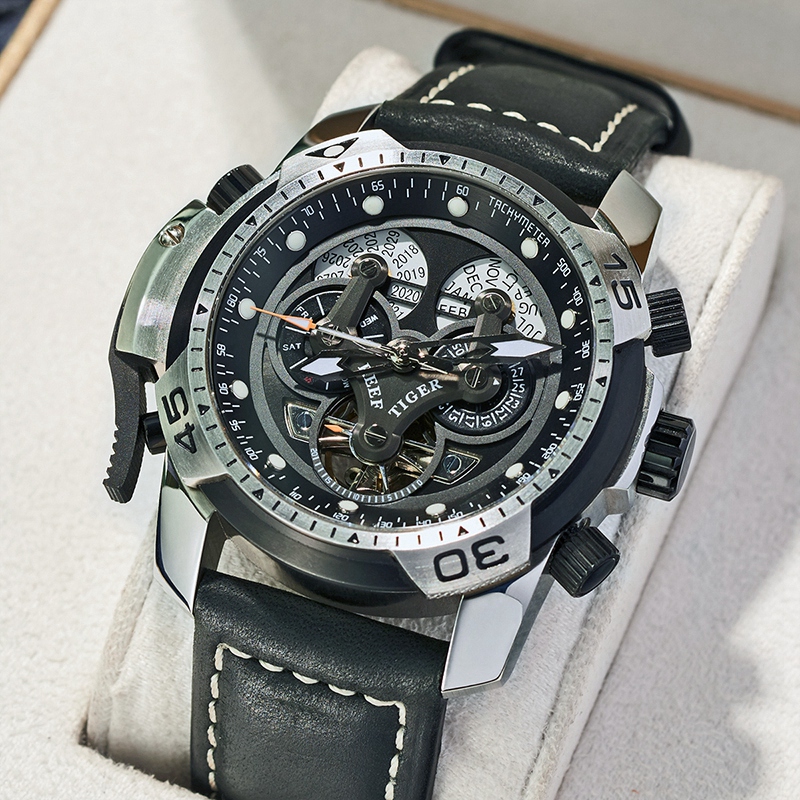 瑞夫泰格REEF RIGER时尚潮流手表多功能全自动机械表男士真皮大表盘防水军表进口机芯强夜光RGA3503高清大图