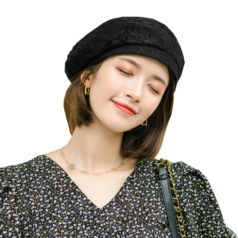 盛世尼曼韩国薄款白色蕾丝贝雷帽子女潮日系春秋时尚透气百搭蓓蕾画家