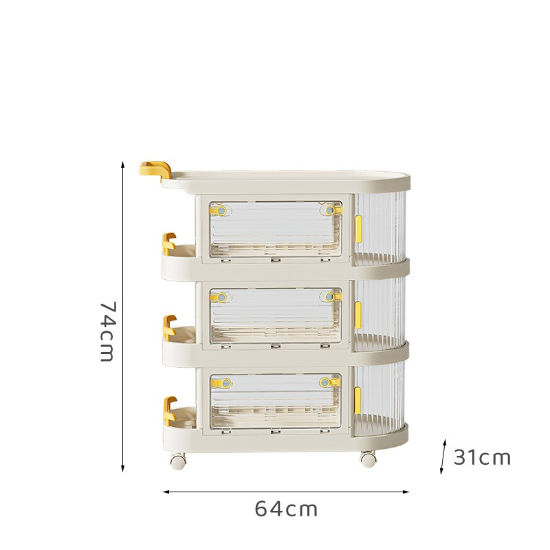 丽佳邦小推车置物架落地厨房浴室移动零食卫生间多层卧室床头收纳储物架奶油黄三层