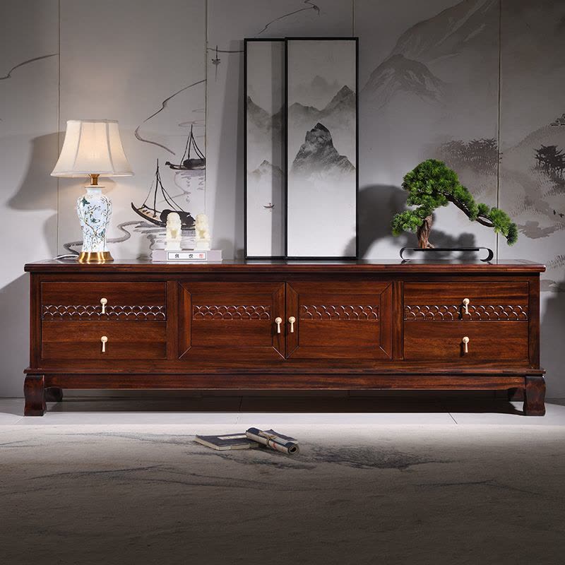 青木川 新中式仿古实木电视柜落地2025新款小户型客厅农村家用乌金木雕花成品整装矮柜储物柜影视柜视听柜图片