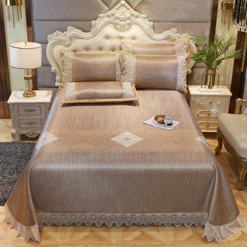 美帮汇冰丝凉席床1.5米床夏季冰丝席子三件套1.8米可水洗空调软席 冰藤提花床单款凉席-雅致清新咖 1.8m（6英尺）床