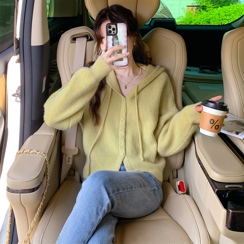 唐狮春秋新款连帽针织开衫外套女休闲风纽扣设计毛衣慵懒风上衣qd