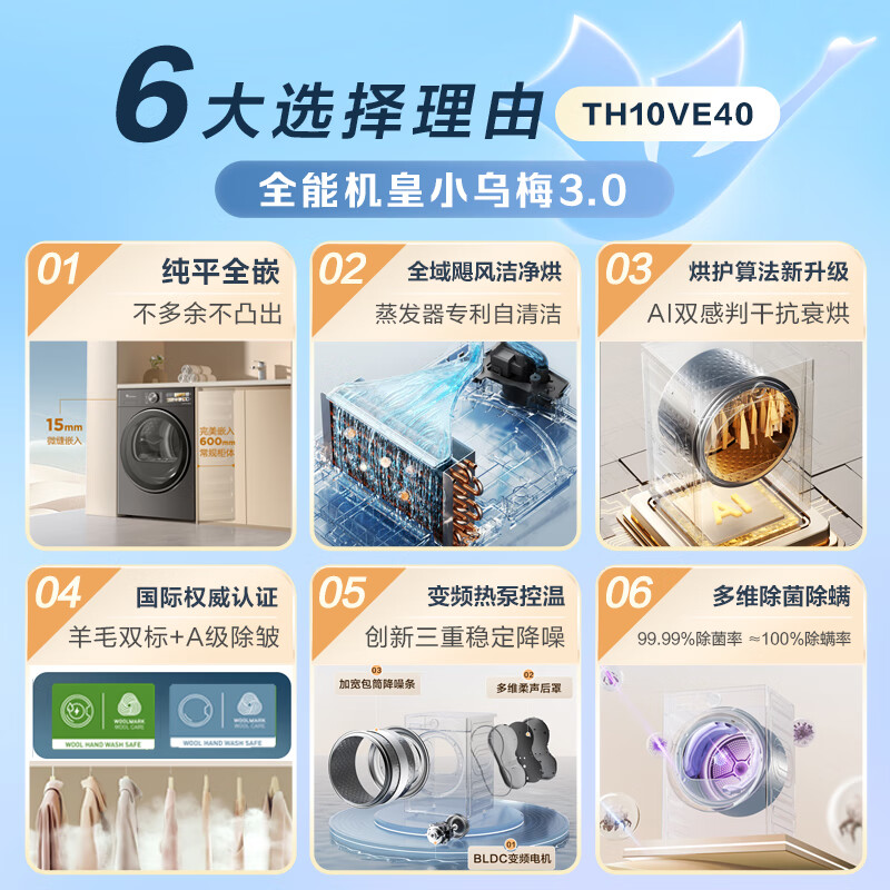 小天鹅(LittleSwan)10公斤热泵烘干机 TH10VE40 纯平全嵌 大风量 蒸发器自清洁[小乌梅3.0]高清大图