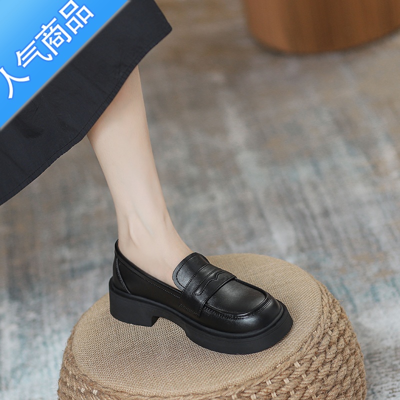 SUNTEK乐福鞋女英伦风2023春秋新款一脚蹬黑色小皮鞋厚底配裙子单鞋高清大图