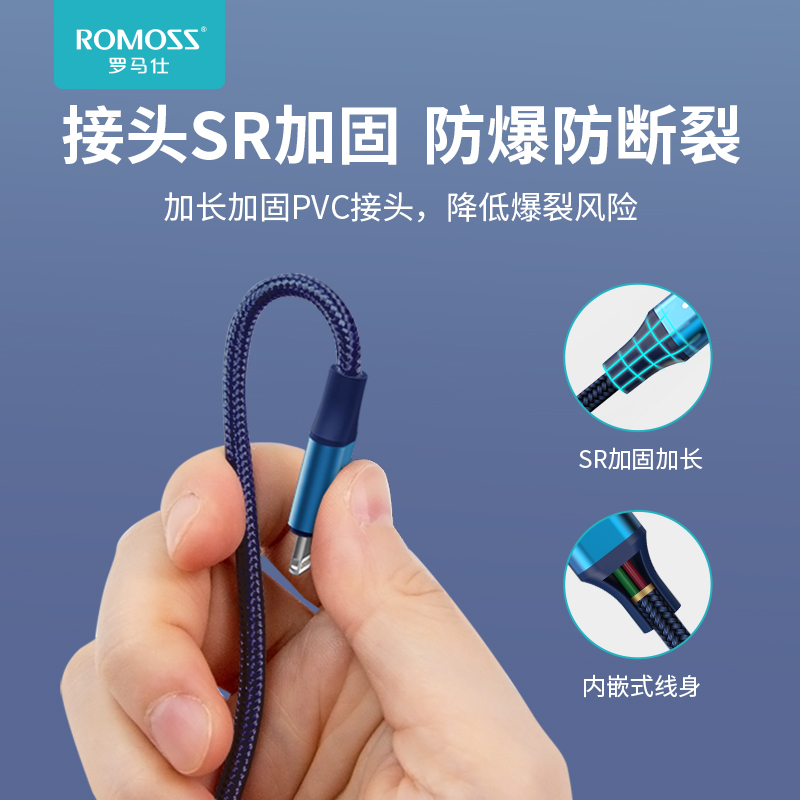罗马仕(ROMOSS)一拖三充电线iPhone6苹果华为type-c三合一车载安卓 蓝色/1m两条装