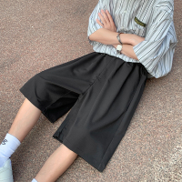夏季薄款西装短裤男休闲直筒宽松学生港风日系哈伦冰丝五分小西裤 黑色 松紧腰 S