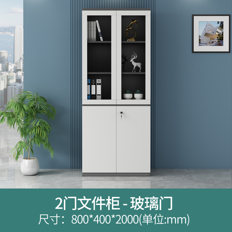 易企采 两门文件柜办公室柜子带锁储物柜玻璃门分层档案资料柜收纳柜