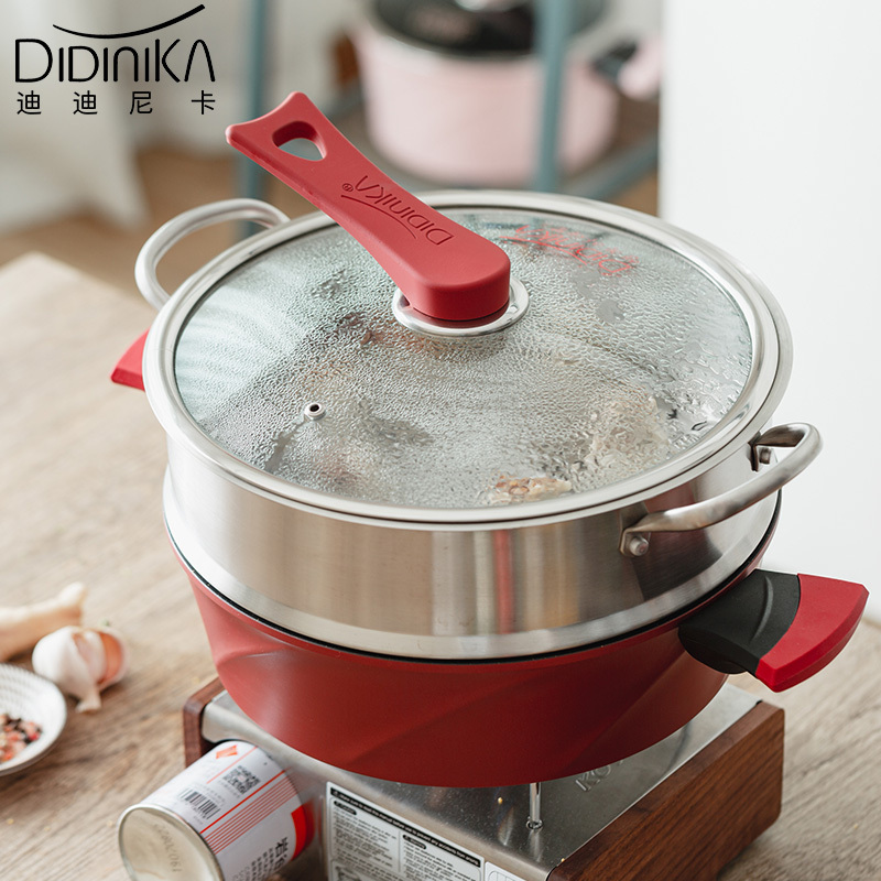 迪迪尼卡(Didinika)2019新款28cm浅汤锅家用麦饭石不粘锅多功能双耳煮锅带蒸屉
