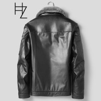 HUNNZ真皮皮衣男翻领修身皮夹克2018冬季新款青年男士休闲皮衣外套黑色
