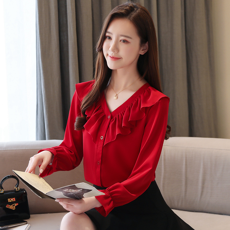 达丽坊女装春季新款韩版荷叶边v领雪纺衬衫女上衣仙洋气小衫