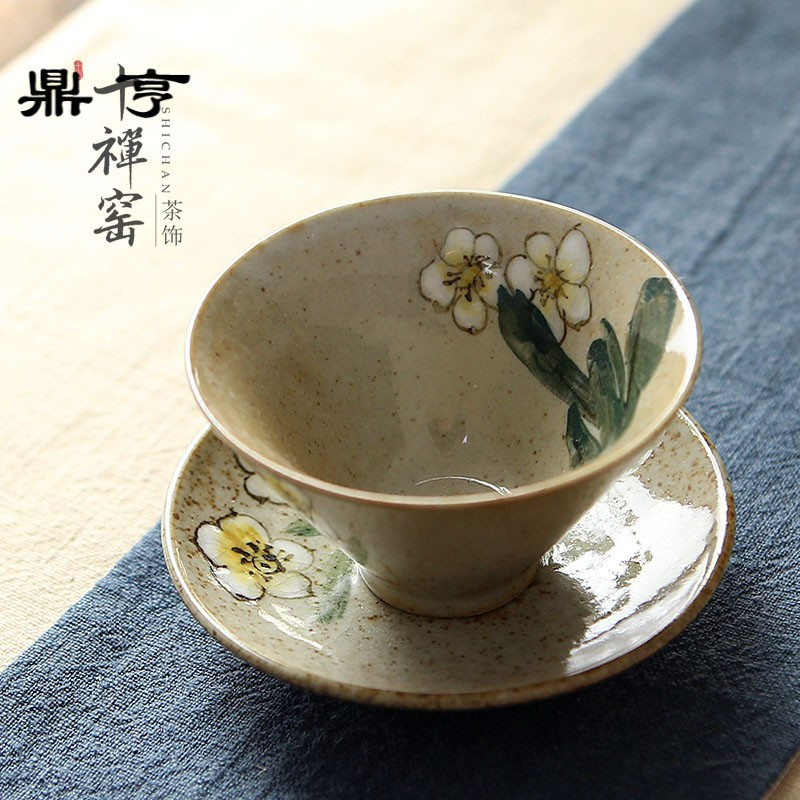 鼎亨 仿柴烧老岩泥品茗杯 景德镇手绘写意花卉麦穗主人杯 茶具