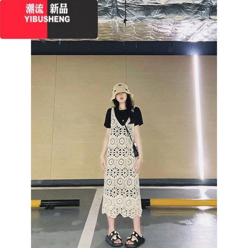 YIBUSHENG设计感镂空钩花背心连衣裙女季气质叠穿A字裙中长裙子图片