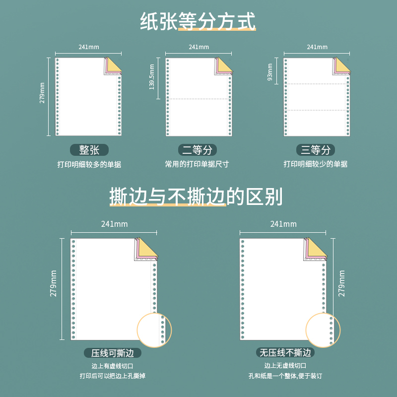 众森电脑打印纸 一联3等份 241-1连续针式 单层纯白可撕边 发货单出库凭证清单 1000页/包
