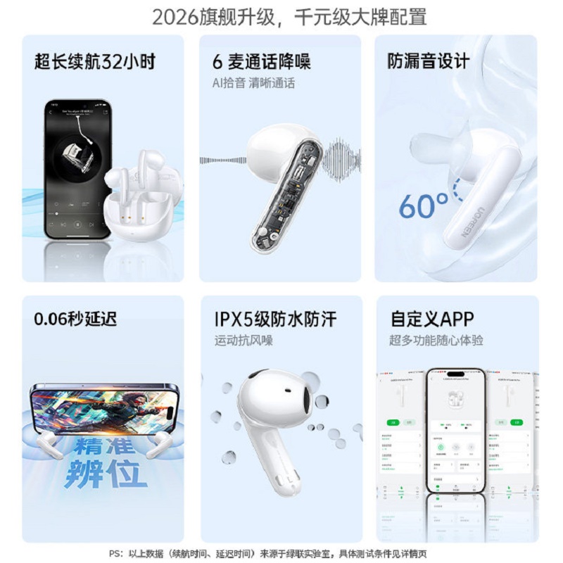 绿联H6 Pro+蓝牙耳机半入耳自适应降噪音乐长续航运动无线适用苹果华为小米WS215高清大图