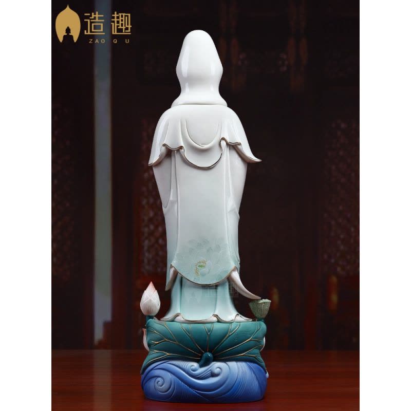 观音佛像陶瓷摆件观音菩萨站像供奉家用观世音微笑脸观音三维工匠