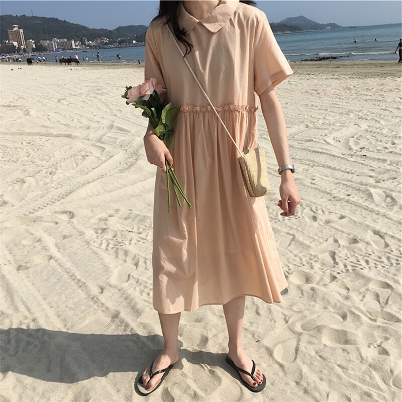 2018夏季仙女学院风复古中长款冷淡风学生女FB风长裙子连衣裙yy杏粉色均码