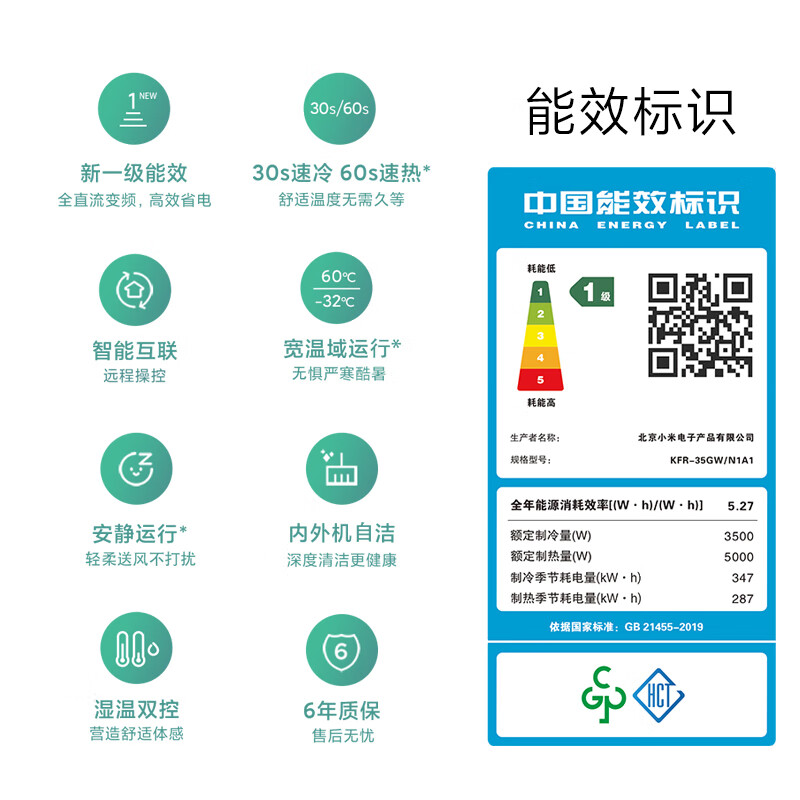 [国家补贴]小米(MI) 空调1.5匹P 变频冷暖 挂机 新一级能效 家用卧室壁挂式巨省电空调KFR-35GW/N1A1高清大图