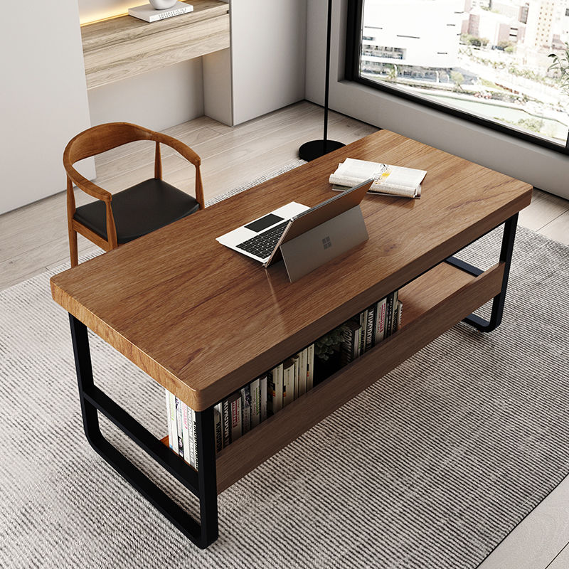 实木电脑桌台式家用大桌面书桌书架中式工作写字台原木loft办公桌